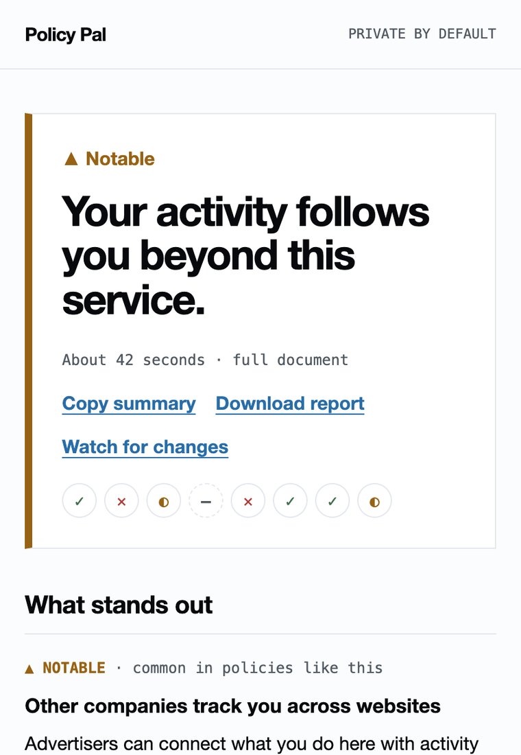 The Policy Pal side panel: a Notable verdict reading “Your activity follows you beyond this service”, a row of marks answering the eight standard questions at a glance, and the first ranked finding with its source quote behind it.
